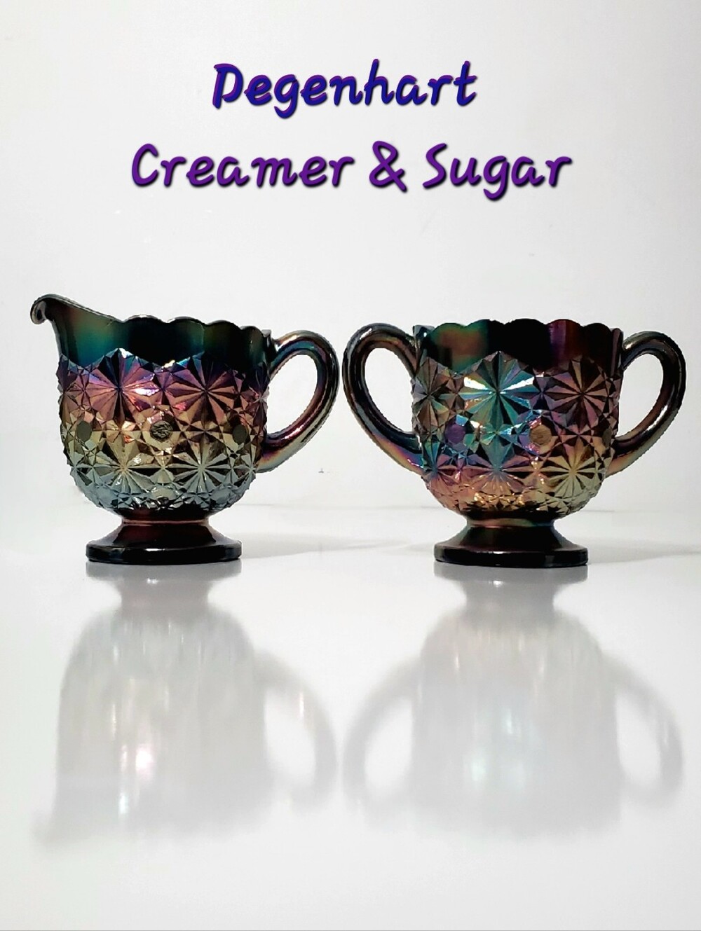 Deganhart Daisy and Button Blue Carnival Glass Open Sugar & Creamer